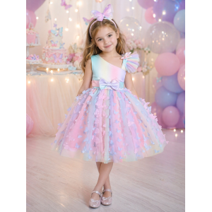 LZ Girls Inclined Shoulder Rainbow color dress 3D Butterfly mt004