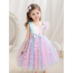 LZ Girls Inclined Shoulder Rainbow color dress 3D Butterfly mt004