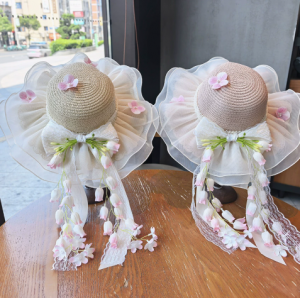 女童粉色花蕾圆顶帽夏季网纱防晒帽