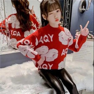 Girls' sweater, children's medium and large children's thick velvet autumn and winter pullover knitted base sweater