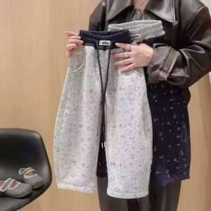 女童秋冬装加绒加厚碎花弯刀裤女中大童棉质儿童卫裤
