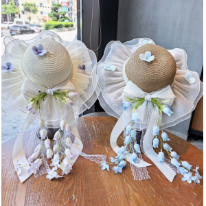 女童粉色花蕾圆顶帽夏季网纱防晒帽
