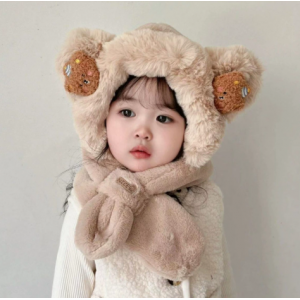 婴幼儿冬季加绒加厚一体护耳帽儿童套头围脖口罩保暖围巾帽