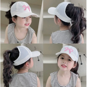 春夏季儿童速干空顶鸭舌帽女宝可扎马尾大檐透气防晒遮阳帽