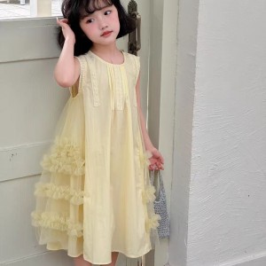 Filles robe d'&eacute;t&eacute; enfants maille patchwork gilet jupe petite fille coton princesse jupe