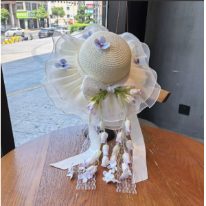 女童粉色花蕾圆顶帽夏季网纱防晒帽