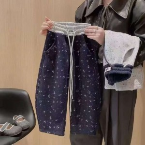 女童秋冬装加绒加厚碎花弯刀裤女中大童棉质儿童卫裤