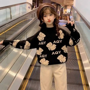 Girls' sweater, children's medium and large children's thick velvet autumn and winter pullover knitted base sweater