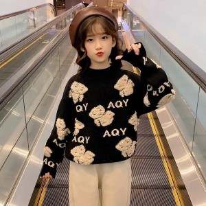 Girls' sweater, children's medium and large children's thick velvet autumn and winter pullover knitted base sweater