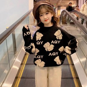 Girls' sweater, children's medium and large children's thick velvet autumn and winter pullover knitted base sweater