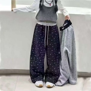 女童秋冬装加绒加厚碎花弯刀裤女中大童棉质儿童卫裤